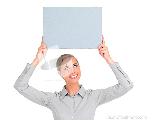 Image of Happy woman, poster and business advertising, marketing or branding against a white studio background. Isolated female person with smile holding billboard or sign for advertisement on mockup space