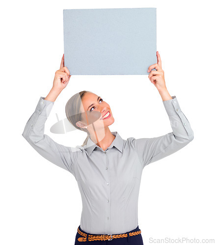 Image of Happy woman, poster and sign for advertising, marketing or branding against a white studio background. Isolated female person with smile holding billboard or placard for advertisement on mockup space