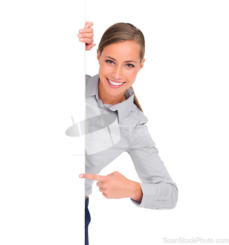 Image of Pointing, portrait and a woman with a poster for branding isolated on a white background in a studio. Mockup, happy and a brand ambassador with a gesture to signage space for an announcement