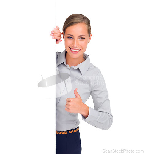 Image of Happy woman, portrait and thumbs up with mockup space or banner for advertising against a white studio background. Isolated female person smile and thumb emoji, yes sign or like for business approval