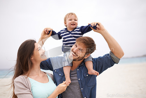 Image of Airplane, family and baby with parents at a beach for piggyback, fun and walking in nature. Love, kid and happy woman with man outdoors bonding, smile and relax while enjoying travel, freedom or game