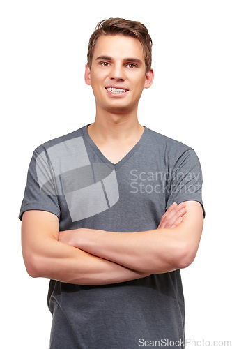 Image of Fashion, crossed arms and portrait of happy man in studio with confidence, attractive and pride on white background. Smile, style and face of isolated handsome male person with trendy casual clothes