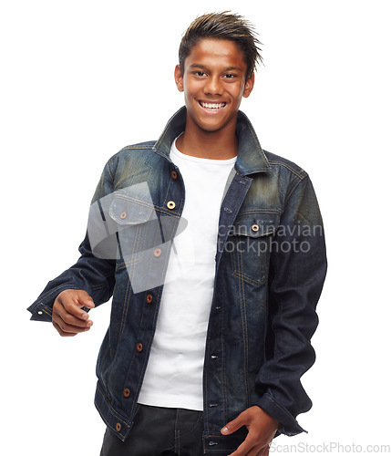 Image of Smile, fashion and portrait of man on a white background with confidence, happy and pride in studio. Excited, confident and isolated young male person with trendy clothes, style and denim jacket