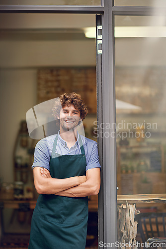 Image of Management, arms crossed and portrait of man at restaurant as small business owner, coffee shop or waiter. Entrepreneur, happy and smile with professional male barista at front door of cafe and diner