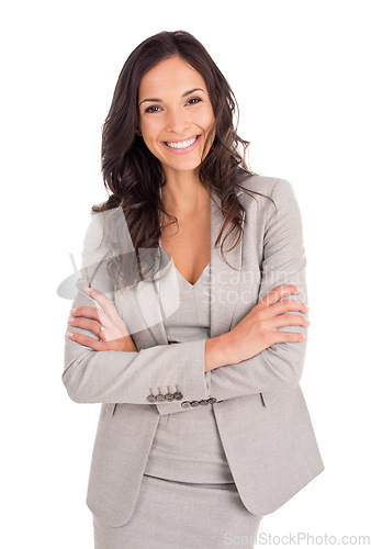 Image of Business woman, arms crossed and happy in portrait with confidence in suit isolated on white background. Success, professional mindset and female model, ambition and corporate fashion in studio