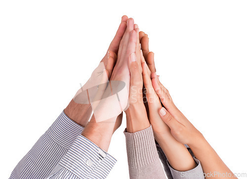 Image of Hands together, business people and high five with success, support and motivation isolated on white background. Team building, celebration and winning with trust, community and solidarity in studio