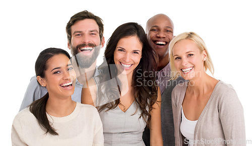 Image of Business people, happiness in portrait with diversity and team isolated on white background. Success, professional group are laughing together with positivity and career mindset in collaboration