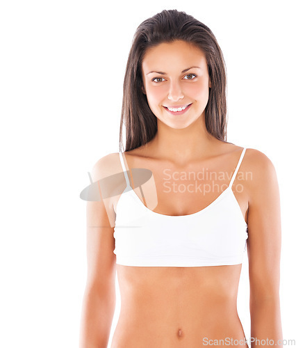 Image of Woman, healthy body and underwear in studio portrait for wellness, beauty or youth by white background. Isolated young model, girl and lingerie with smile, health or aesthetic with happiness backdrop