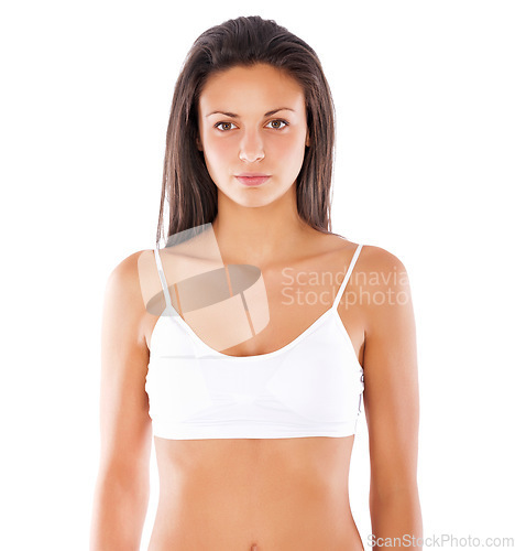 Image of Isolated woman, healthy body and underwear in studio with wellness, beauty and youth by white background. Young model, girl and lingerie with fitness, health and aesthetic with vision by backdrop