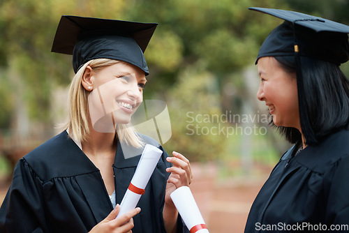 Image of Graduation, girl friends laugh and study certificate of students with happy communication outdoor. Mockup, female student and graduate with happiness and college achievement with diploma and toga