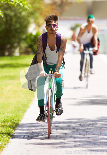 Image of Bicycle, portrait and man or friends in city streetwear for college, university or outdoor travel in carbon footprint. Youth cycling or people in gen z fashion, bike for transport and park or campus