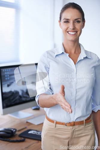 Image of Handshake, offer and portrait of happy business woman, recruitment manager and consultant in France. Person in human resources shaking hands, welcome and thank you for introduction, deal and trust