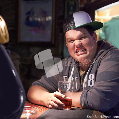 Image of Plus size, man and silly face at a pub with a beer drink feeling funny with comedy. Male person, crazy portrait and alcoholic at a restaurant and club by counter with alcohol and cool style alone