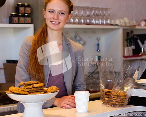 Image of Bakery, portrait and happy woman, business owner or entrepreneur in store. Restaurant, face and smile of professional cashier person from Norway in shop with pride for career, job and success mindset