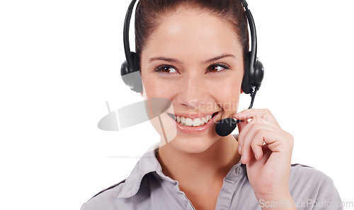 Image of Customer service face, call center studio and happy woman on business chat, discussion or telemarketing sales pitch. Female consultant, communication and tech support consulting on white background