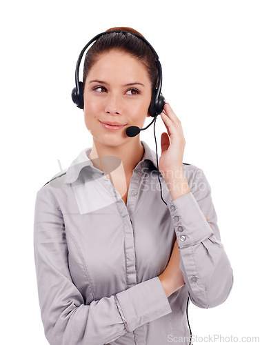 Image of Customer service communication, studio and woman listen to conversation, telecom advice or telemarketing consulting. Callcenter person, contact us CRM and insurance agent talking on white background