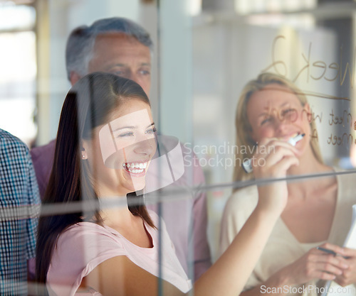 Image of People in brainstorming meeting, ideas on glass for creative business project at digital marketing startup and teamwork. Woman team leader, excited for collaboration and strategy with market research