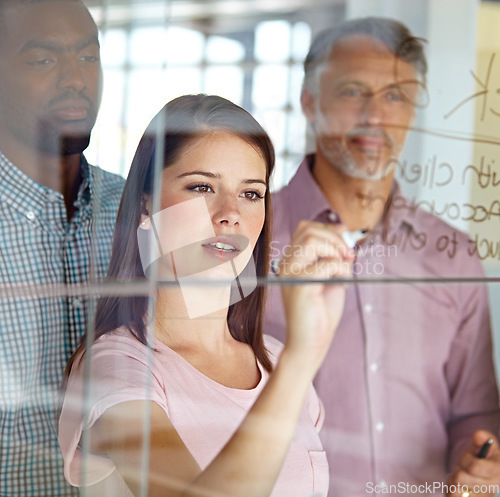 Image of People in brainstorming meeting, writing notes on glass for creative business project at digital marketing startup and teamwork. Woman team leader, collaboration and strategy with market research