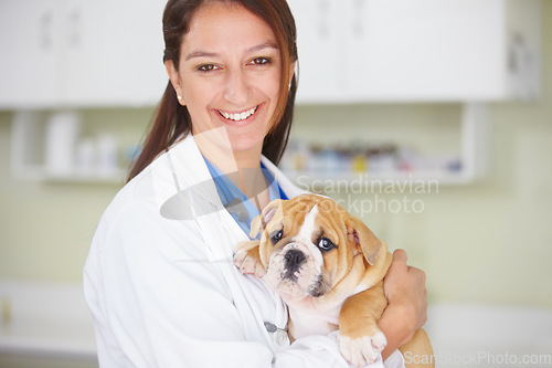 Image of Woman vet, puppy and hospital portrait with smile, care and love for health, wellness or growth. Female veterinarian, doctor and dog with hug, happiness and healthcare in clinic for medical attention