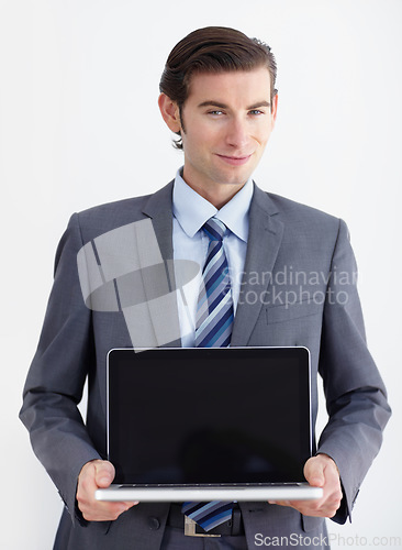 Image of Laptop screen, mockup and portrait of business man in studio for website, email and administration. Happy, smile and technology with employee on white background for corporate, internet or networking