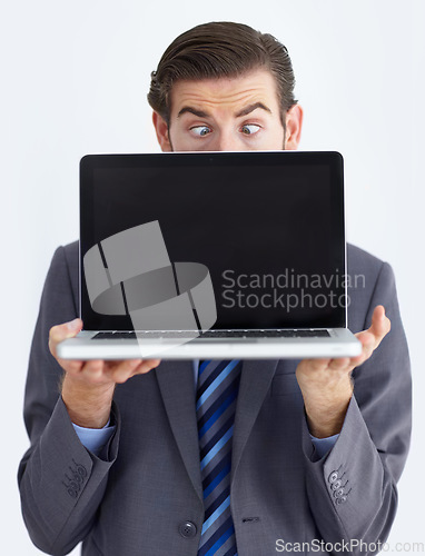 Image of Laptop screen, mockup and deal with business man in studio for website, email or administration. Silly, news and technology with employee on white background for corporate, internet and networking