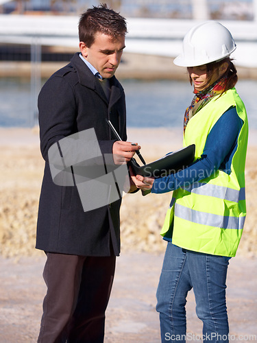 Image of Clipboard, construction worker and business man at site inspection, building advice or compliance feedback. Engineering, contractor or woman with partner for industry checklist of project management