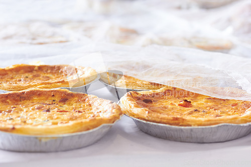 Image of Closeup of pie, bakery and pastry with food product, dessert choice with hospitality industry and luxury. Baking good in cafe with baker or chef skill, fresh bake and delicious cuisine with catering