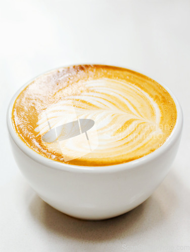 Image of Latte cup, coffee shop and art for restaurant creativity, customer service and hospitality or food industry. Cafe, closeup and espresso or drink background for inspiration, creative design and cream