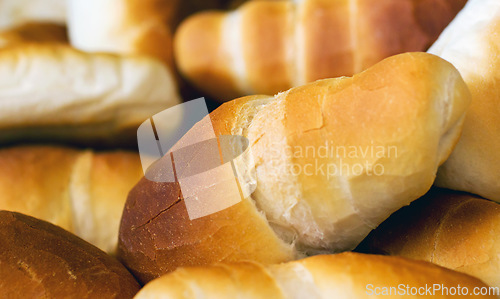 Image of Croissant bread, food and bakery of rolls from cooking, catering service, breakfast or baking meal at cafe. Closeup of fresh baked, bun or roll snack for eating, nutrition or fiber in the restaurant