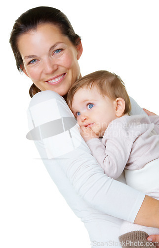 Image of Portrait, love and mother with baby in a studio hug, care and embracing against a white background. Face, smile and parent with little boy hugging, happy and enjoy bond, relationship and motherhood