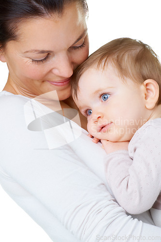 Image of Love, smile and mother with baby in a studio hug, care and embracing against a white background. Face, relax and parent with little boy hugging, happy and enjoy bond, relationship and motherhood