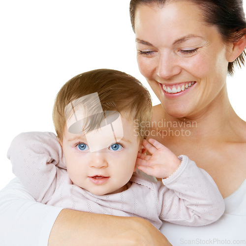 Image of Happy, love and mother with baby, hug and smile in studio, cheerful and enjoying motherhood against a white background. Face, children and parent with little boy, hugging and bonding while isolated