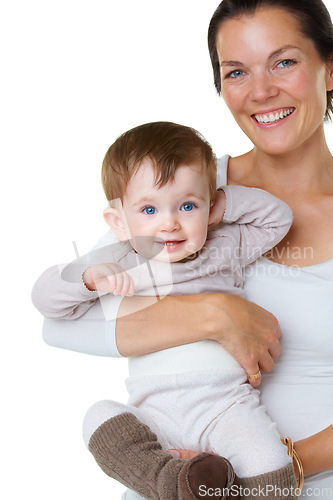 Image of Portrait, hug and mother with baby in studio with love, smile and care against white background. Happy, face and woman embracing boy child, play and enjoy bond, relationship and parenthood together