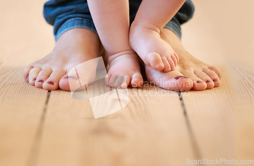Image of Closeup, feet and mother with baby in their home for walking, learning and love, bonding and routine. Toes, legs and parent with toddler on a floor for support, playing and fun, help and motor skills