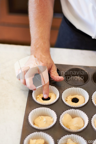 Image of Hands, closeup and tray with berry on cupcake in bakery, cafe or kitchen with professional chef. Baker, muffin and start with dough, blackberry or job at small business, restaurant or coffee shop