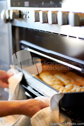 Image of Hands, closeup and tray from oven for bread, baking product or food for small business, cafe or restaurant. Chef, baker or person with cloth for safety in bakery, coffee shop or food industry startup