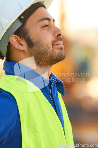 Image of Construction worker, engineer and man thinking outdoor, vision or contemplating. Architect, idea and contractor person in profile planning for architecture, civil engineering and project development.