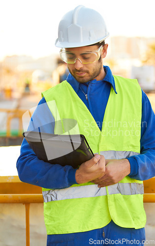 Image of Man, architect and portfolio file for construction planning, blueprint or building maintenance on site in city. Male person, engineer or contractor with document for architecture inspection in town