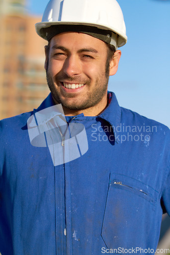 Image of Happy man, architect and portrait smile for construction, building or industrial architecture in the city. Male person, engineer or contractor smiling with hard hat for safety in maintenance on site