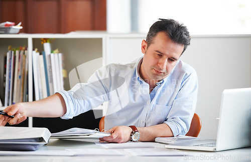 Image of Business, employee and man tired, fatigue and frustrated with consultant, overworked or laptop glitch. Male person, employee or entrepreneur exhausted, deadline and exhausted with stress or architect