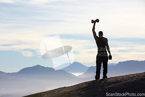 Image of Back, mountain and man with fitness, silhouette and exercise with fresh air, training and cardio. Male person, guy and athlete outdoor, endurance or performance with workout goal, progress or victory