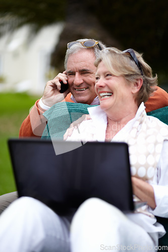 Image of Phone call, laptop and an old couple in the garden of a hotel for travel or vacation at a luxury resort. Love, technology or communication with a senior man and woman tourist outdoor at a lodge