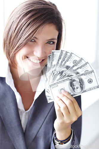 Image of Portrait, business and woman with cash, bills and savings with investment, profit growth or finance. Face, female person or accountant with money, financial or economy with wealth, bonus and increase