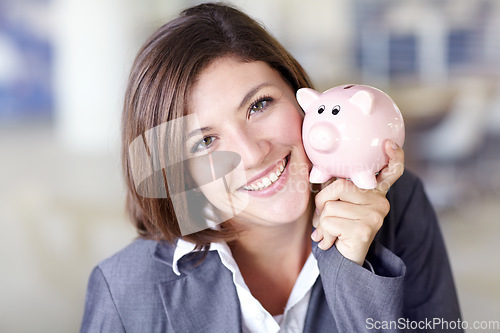 Image of Happy, finance and portrait of a woman with a piggybank for savings, budget and coins. Smile, money and face of an accounting manager with a tool for insurance, investment profit and cash at work