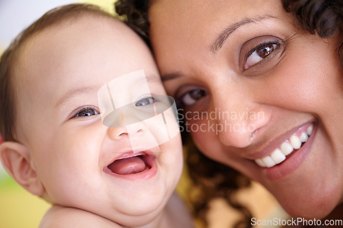 Image of Mother, baby and closeup portrait of happy faces of Arabic family or picture of mom, laughing kid and fun memory together. Face, healthy child and mommy smile of happiness in home, house or bedroom