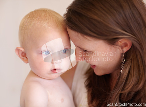 Image of Happy, baby and mother with a smile, care and family with joy, child development and love. Female person, mama and mom with a toddler, infant and bonding with support, safety and home with protection