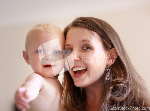 Image of Mother, baby and closeup portrait of happy faces of young family or picture of mom, excited kid and fun memory together. Face, healthy child and mommy smile of happiness in home, house or bedroom