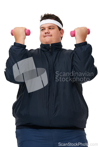 Image of Plus size, weight training and fitness of man in a studio with exercise and training for diet goals. White background, smile and male model with healthy and wellness goals for overweight problem