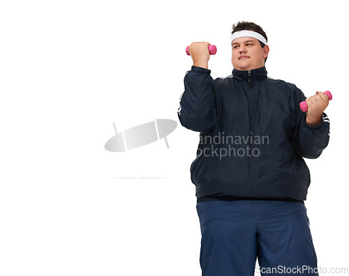 Image of Plus size, weight training and mockup of man in a studio with exercise and training for diet goals. White background, smile and male model with healthy and wellness goals for overweight problem