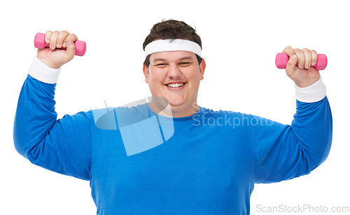 Image of Plus size, weight training and happy portrait of man in a studio with exercise and training for goals. White background, smile and male model with healthy and wellness goals for overweight problem
